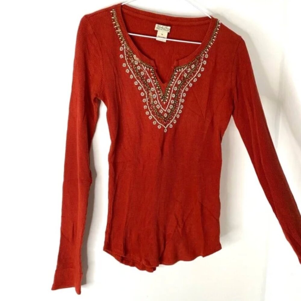 3 for 30 ~ Lucky Brand Beaded Terracotta Waffle Knit Long Sleeve Top Size M